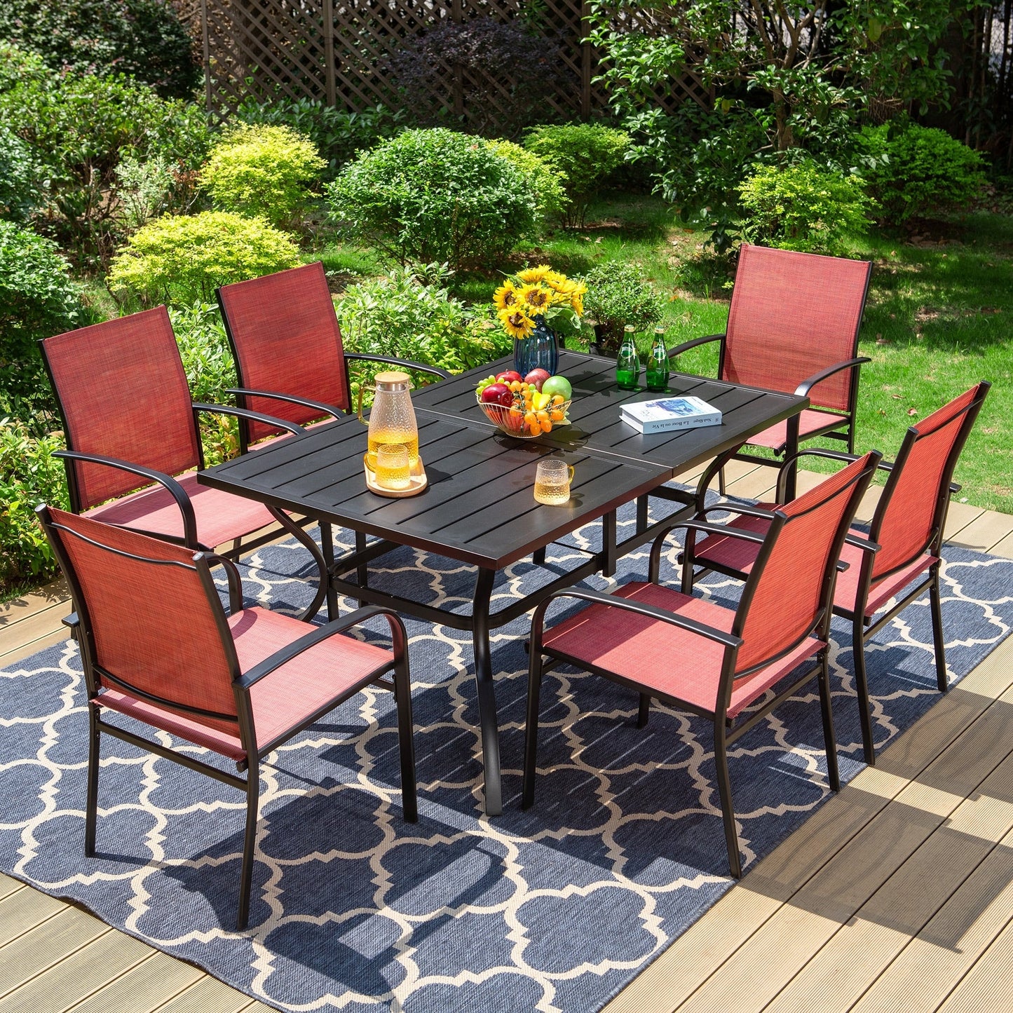 MAISON ARTS Set da pranzo per patio da 7 pezzi con tavolo rettangolare in metallo e 6 sedie da pranzo in textilene