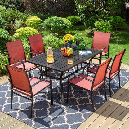 MAISON ARTS Set da pranzo per patio da 7 pezzi con tavolo rettangolare in metallo e 6 sedie da pranzo in textilene