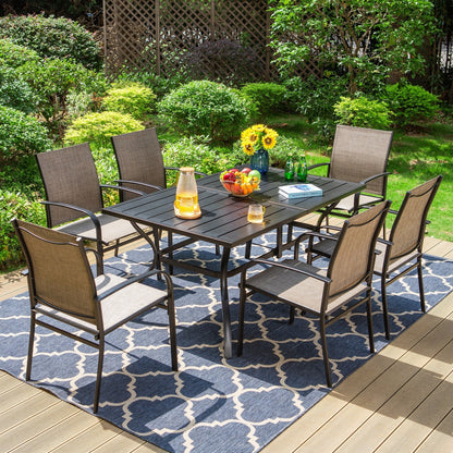 MAISON ARTS Set da pranzo per patio da 7 pezzi con tavolo rettangolare in metallo e 6 sedie da pranzo in textilene