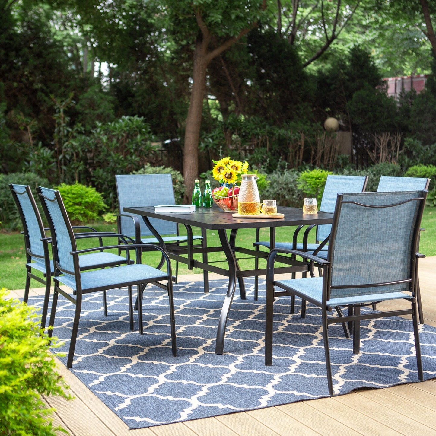 MAISON ARTS Set da pranzo per patio da 7 pezzi con tavolo rettangolare in metallo e 6 sedie da pranzo in textilene