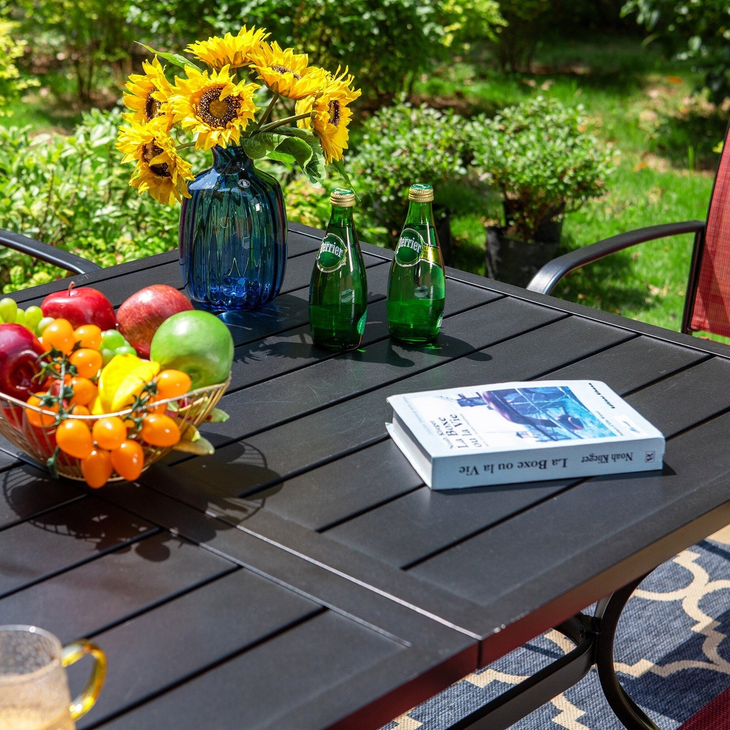 MAISON ARTS Set da pranzo per patio da 7 pezzi con tavolo rettangolare in metallo e 6 sedie da pranzo in textilene