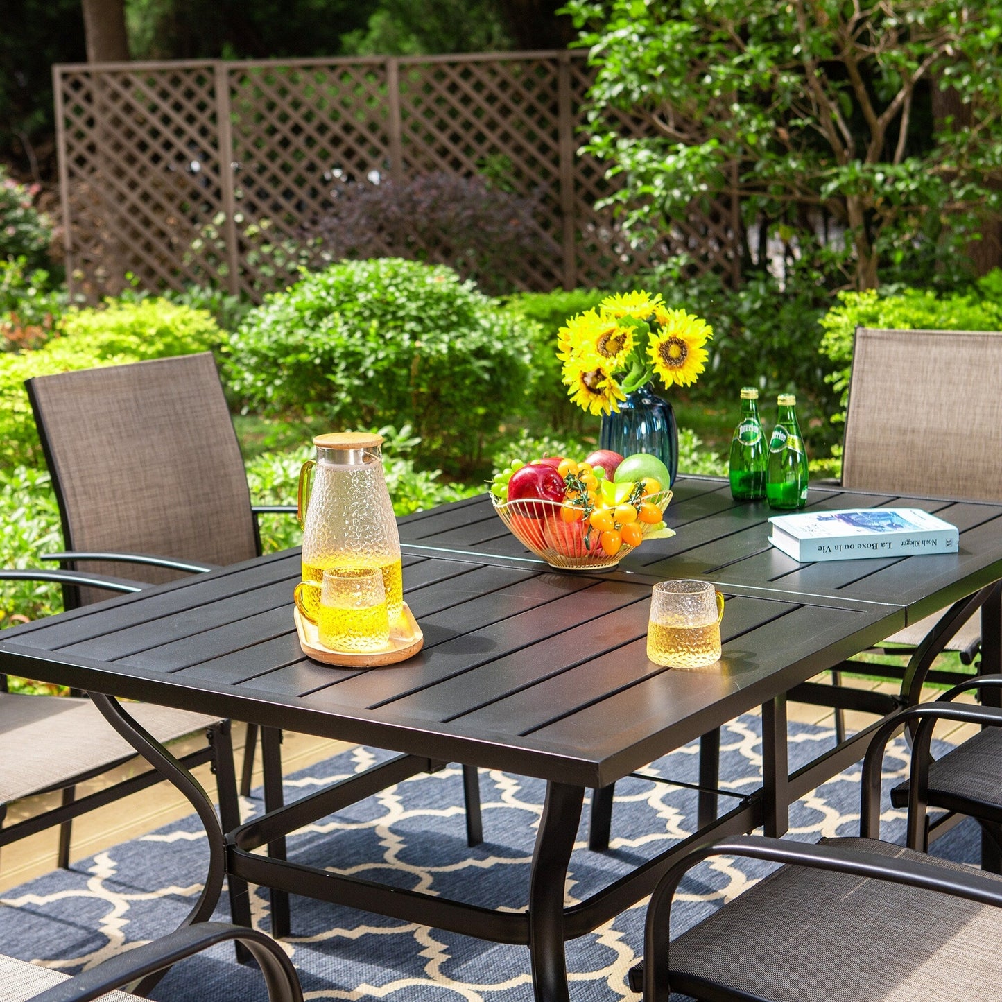 MAISON ARTS Set da pranzo per patio da 7 pezzi con tavolo rettangolare in metallo e 6 sedie da pranzo in textilene