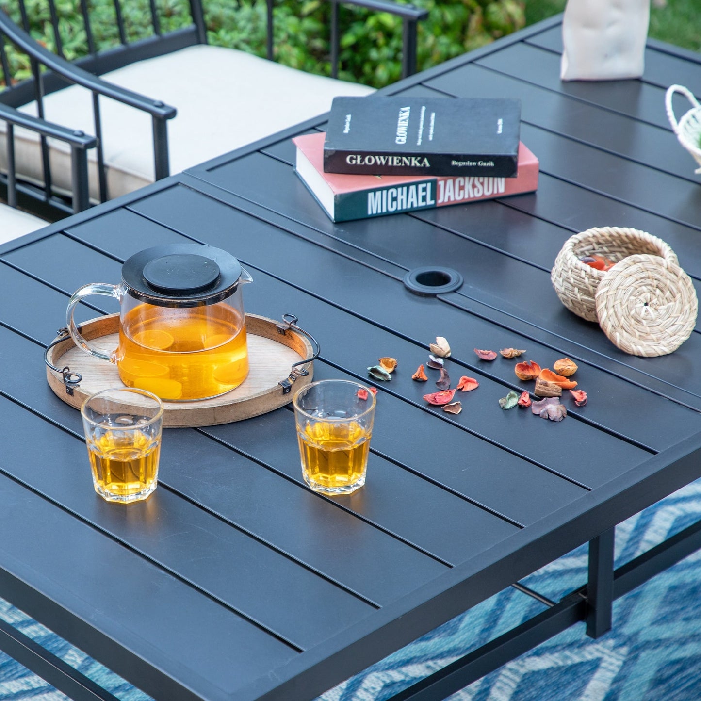 MAISON ARTS Set da pranzo per patio da 7 pezzi con tavolo in acciaio e 6 poltrone da pranzo