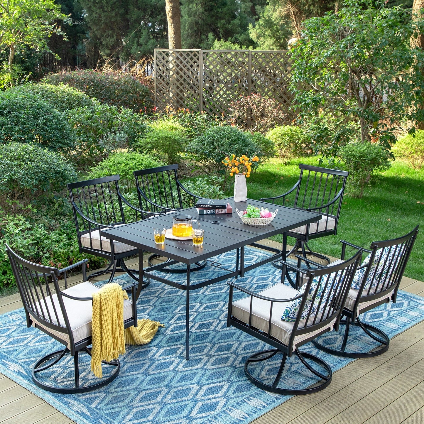 MAISON ARTS Set da pranzo per patio da 7 pezzi con tavolo in acciaio e 6 poltrone da pranzo