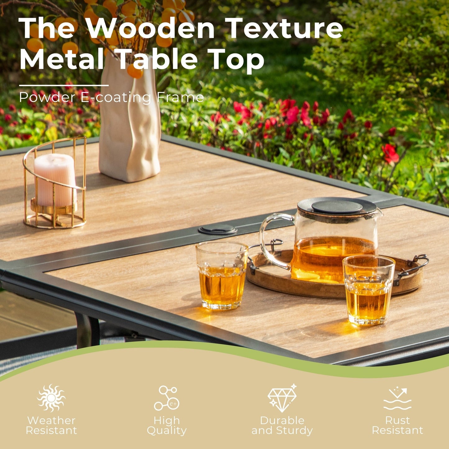 MAISON ARTS Set da pranzo per patio da 7 pezzi con tavolo rettangolare effetto legno e 6 sedie in textilene