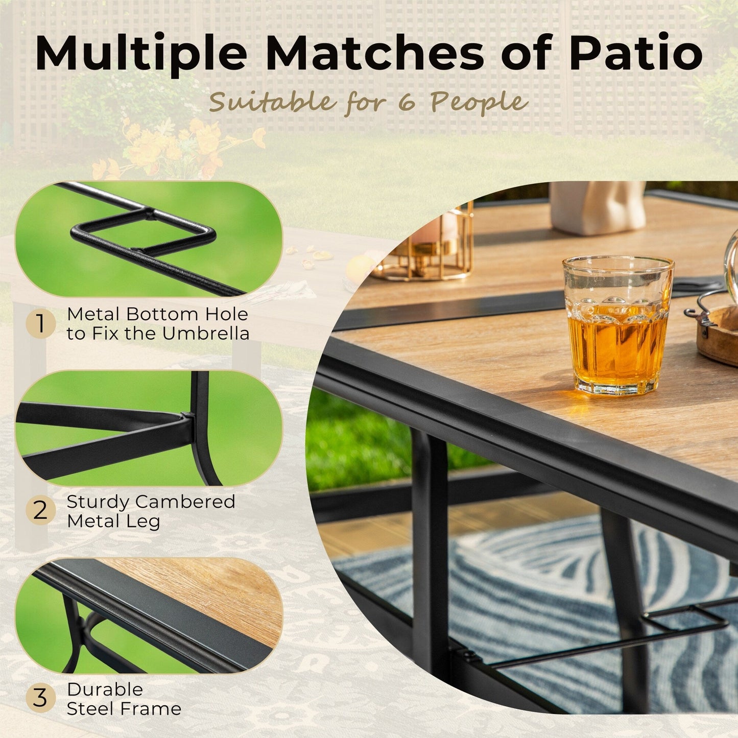 MAISON ARTS Set da pranzo per patio da 7 pezzi con tavolo rettangolare effetto legno e 6 sedie in textilene