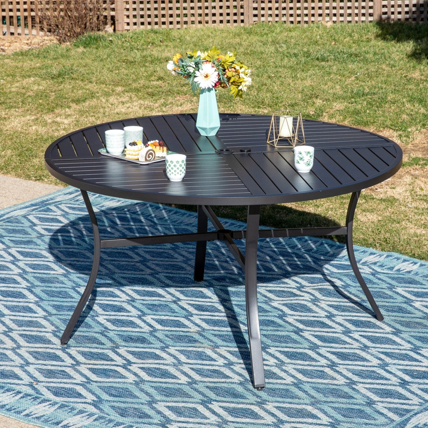 MAISON ARTS Set da pranzo per patio da 7 pezzi, grande tavolo da pranzo rotondo con foro per ombrellone e sedie da pranzo a dondolo in textilene con molla a C