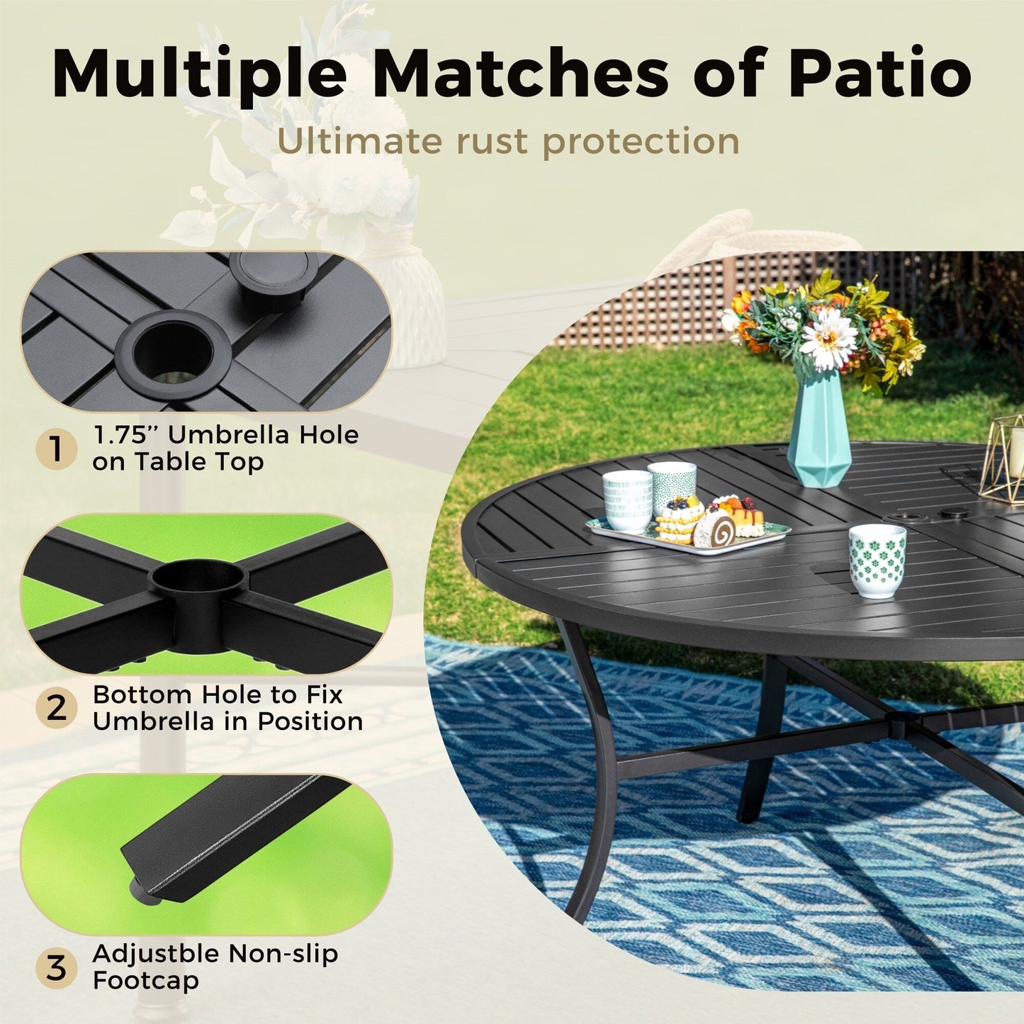 MAISON ARTS Set da pranzo per patio da 7 pezzi, grande tavolo da pranzo rotondo con foro per ombrellone e sedie da pranzo a dondolo in textilene con molla a C