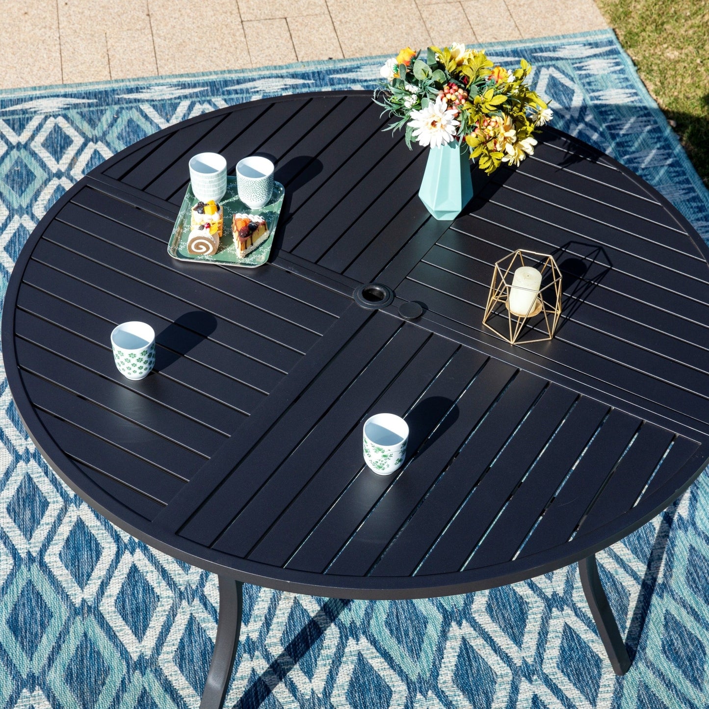 MAISON ARTS Set da pranzo per patio da 7 pezzi, grande tavolo da pranzo rotondo con foro per ombrellone e sedie da pranzo a dondolo in textilene con molla a C