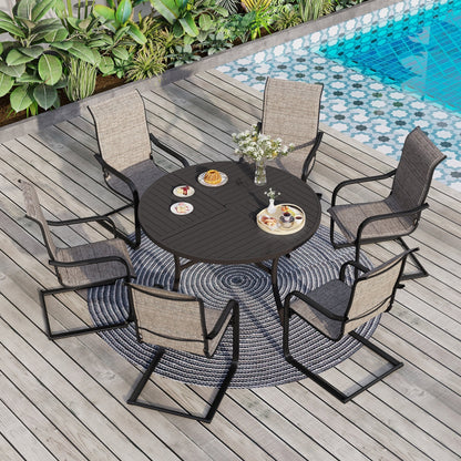 MAISON ARTS Set da pranzo per patio da 7 pezzi, grande tavolo da pranzo rotondo con foro per ombrellone e sedie da pranzo a dondolo in textilene con molla a C