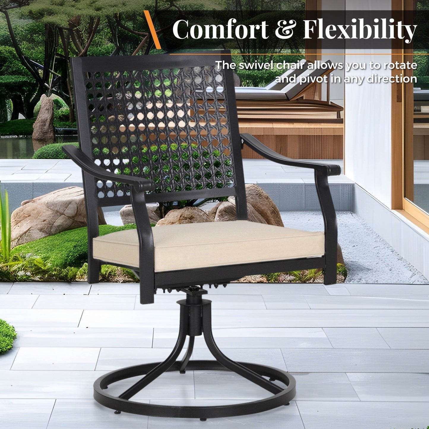 MAISON ARTS Set da pranzo per patio da 7 pezzi, grande tavolo da pranzo rotondo con foro per ombrellone e sedie da pranzo girevoli in metallo