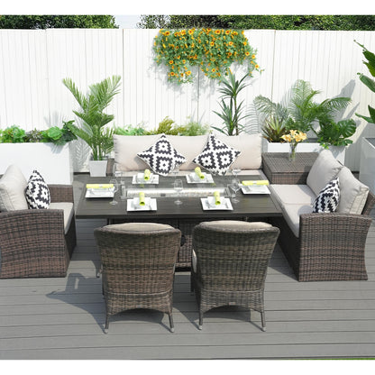 Set da pranzo da patio da 7 pezzi con tavolo con braciere in alluminio