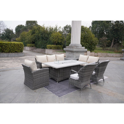 Set di divani da giardino in rattan da 7 pezzi con tavolo da pranzo in alluminio e poltrone