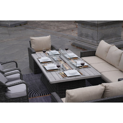 Set di divani da giardino in rattan da 7 pezzi con tavolo da pranzo in alluminio e poltrone