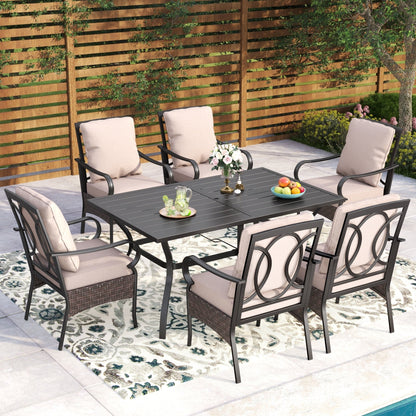 Set da pranzo da esterno di grandi dimensioni da 7 pezzi con 6 sedie imbottite e tavolo rettangolare da 60 cm