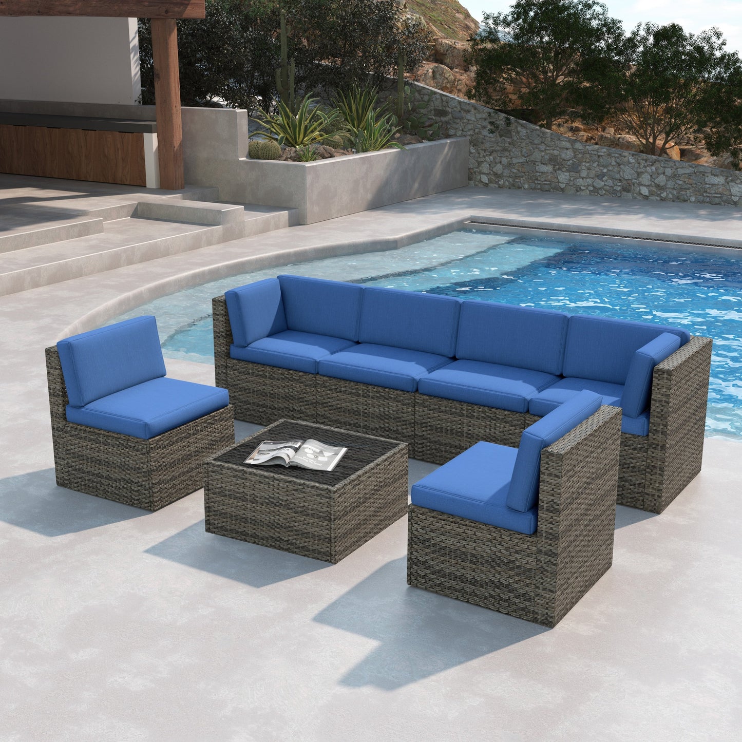 Set da 7 pezzi in vimini per patio, divano componibile in rattan con cuscini