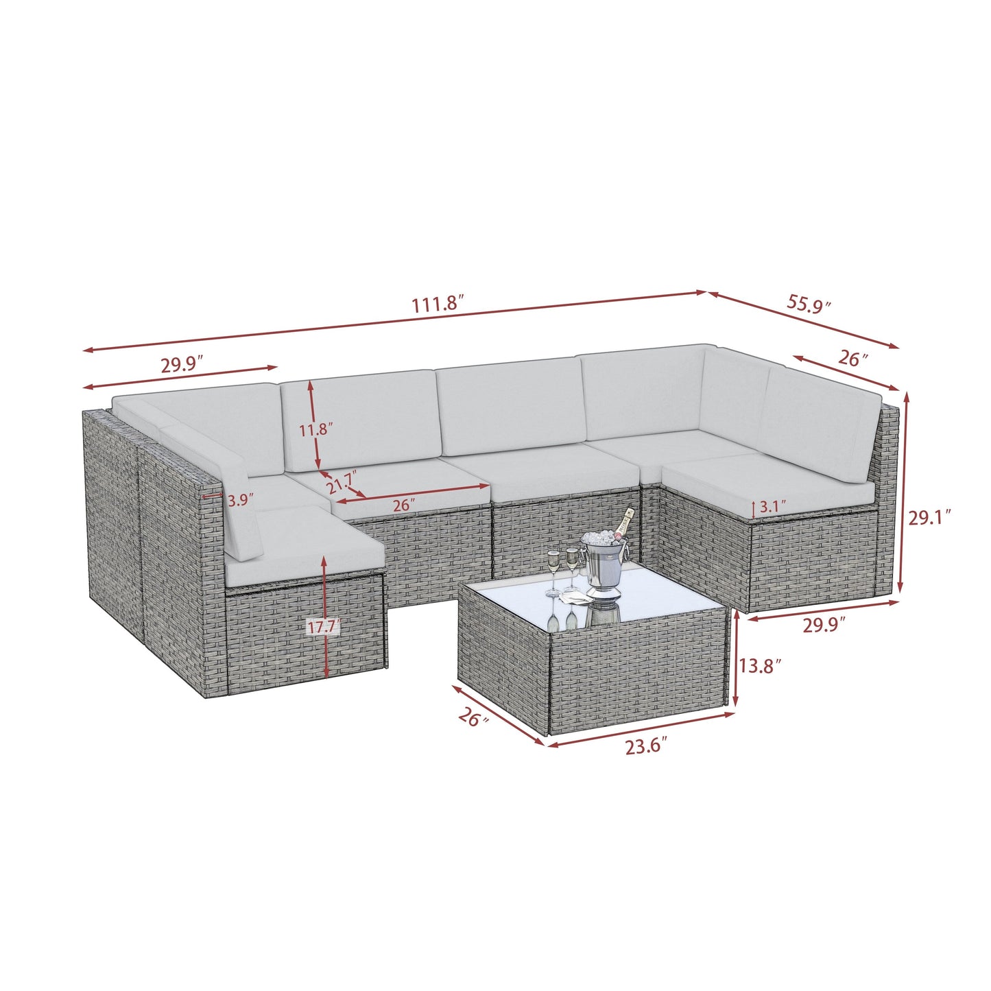 Set da 7 pezzi in vimini per patio, divano componibile in rattan con cuscini