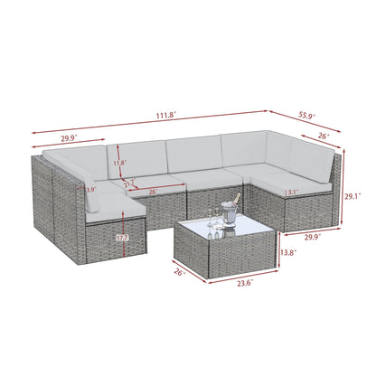 Set da 7 pezzi in vimini per patio, divano componibile in rattan con cuscini