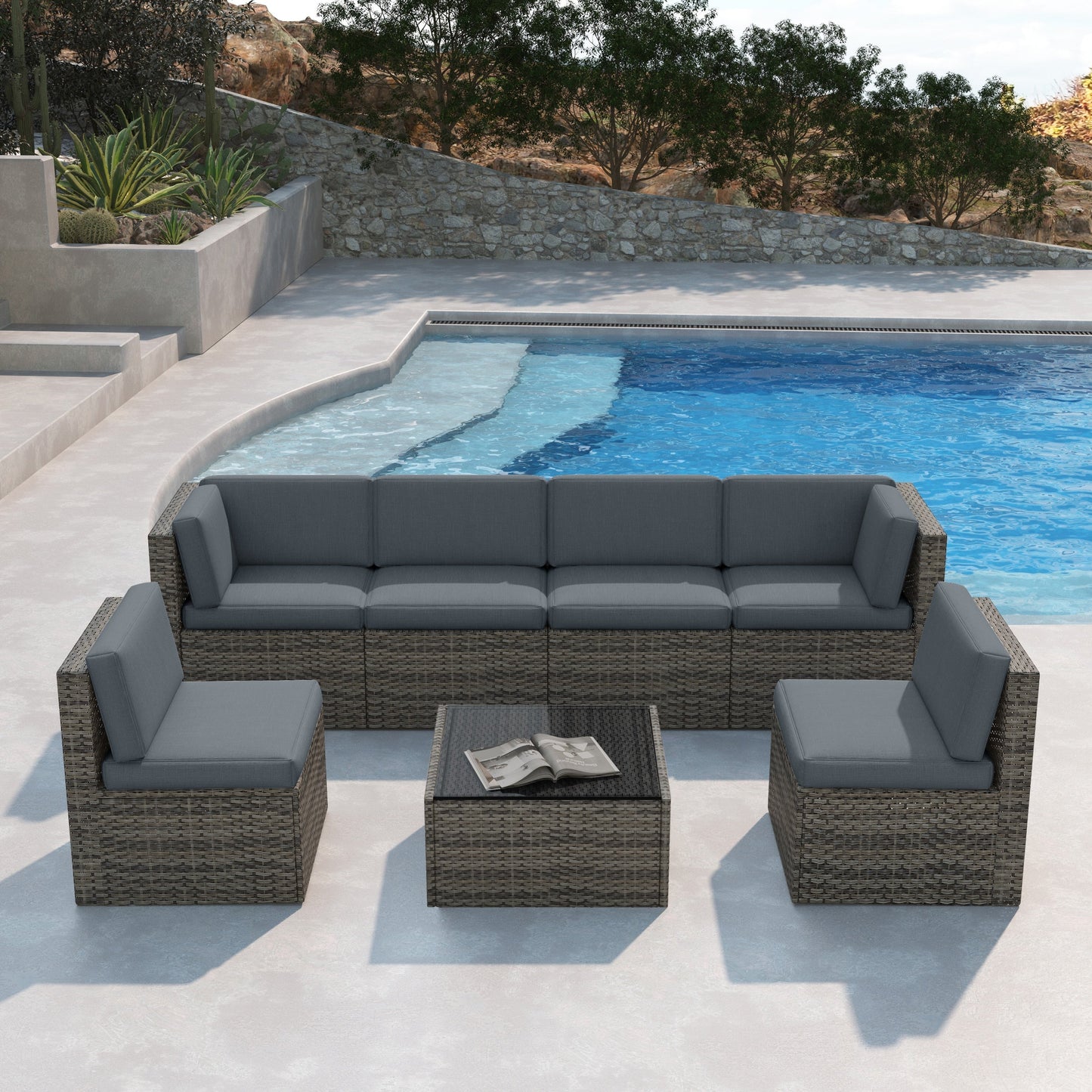 Set da 7 pezzi in vimini per patio, divano componibile in rattan con cuscini