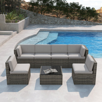 Set da 7 pezzi in vimini per patio, divano componibile in rattan con cuscini