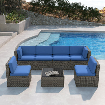 Set da 7 pezzi in vimini per patio, divano componibile in rattan con cuscini