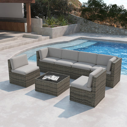 Set da 7 pezzi in vimini per patio, divano componibile in rattan con cuscini