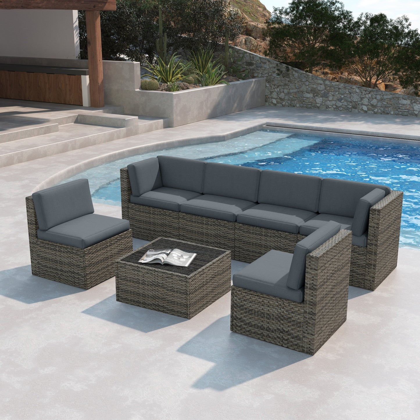 Set da 7 pezzi in vimini per patio, divano componibile in rattan con cuscini