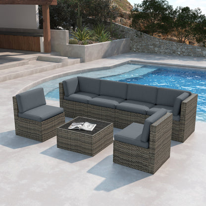 Set da 7 pezzi in vimini per patio, divano componibile in rattan con cuscini
