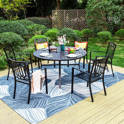 MAISON ARTS Set da pranzo per esterni da 7 pezzi per 6 persone, grande tavolo da pranzo rotondo con foro per ombrellone e sedie in metallo impilabili