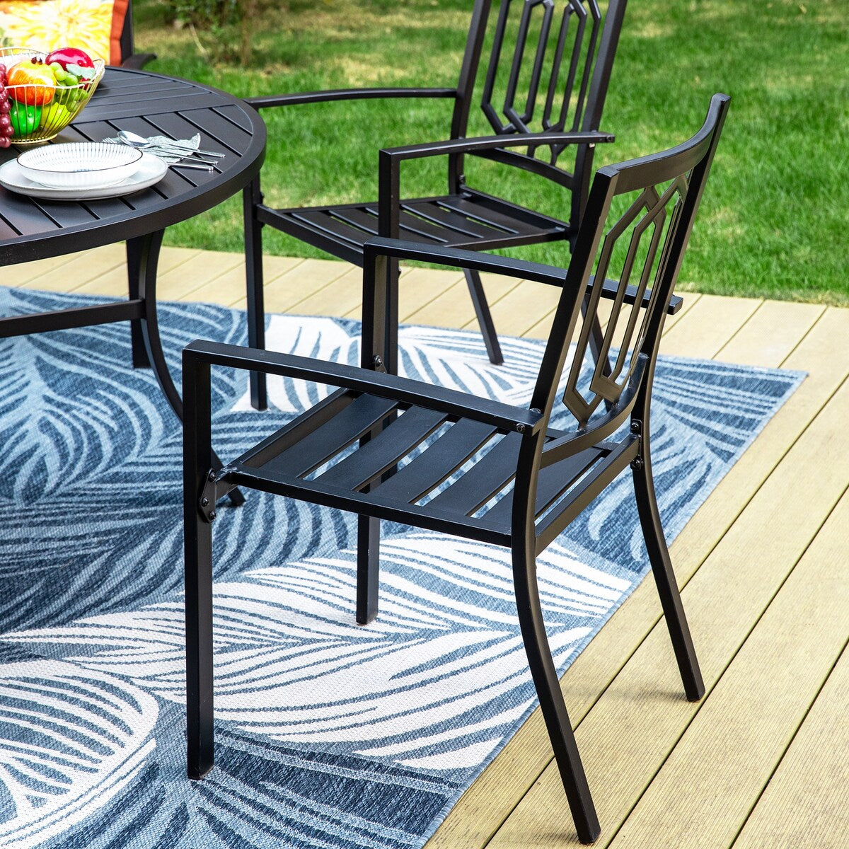 MAISON ARTS Set da pranzo per esterni da 7 pezzi per 6 persone, grande tavolo da pranzo rotondo con foro per ombrellone e sedie in metallo impilabili