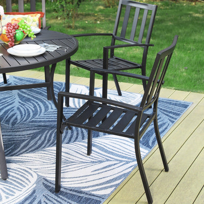 MAISON ARTS Set da pranzo per esterni da 7 pezzi per 6 persone, grande tavolo da pranzo rotondo con foro per ombrellone e sedie in metallo impilabili