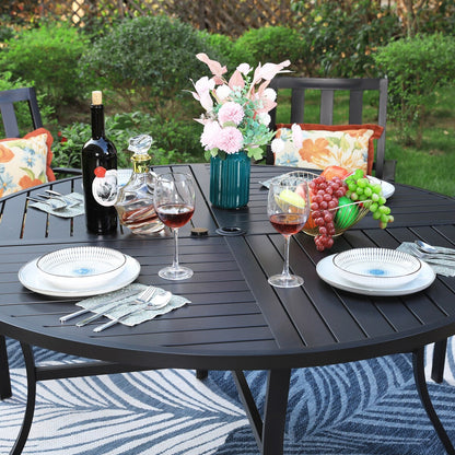 MAISON ARTS Set da pranzo per esterni da 7 pezzi per 6 persone, grande tavolo da pranzo rotondo con foro per ombrellone e sedie in metallo impilabili