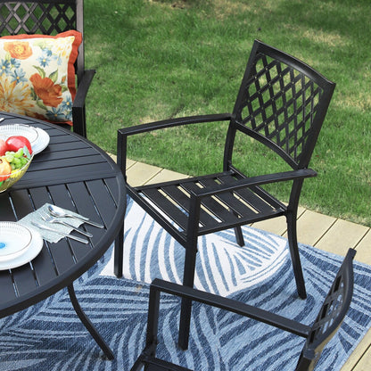 MAISON ARTS Set da pranzo per esterni da 7 pezzi per 6 persone, grande tavolo da pranzo rotondo con foro per ombrellone e sedie in metallo impilabili