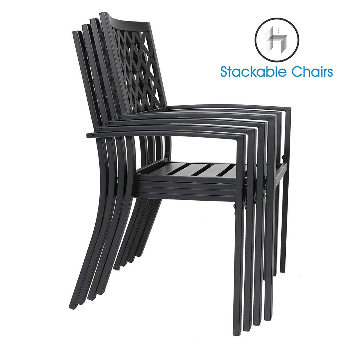 MAISON ARTS Set da pranzo per esterni da 7 pezzi per 6 persone, grande tavolo da pranzo rotondo con foro per ombrellone e sedie in metallo impilabili