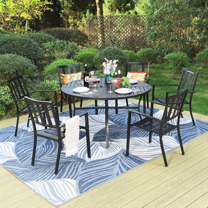 MAISON ARTS Set da pranzo per esterni da 7 pezzi per 6 persone, grande tavolo da pranzo rotondo con foro per ombrellone e sedie in metallo impilabili