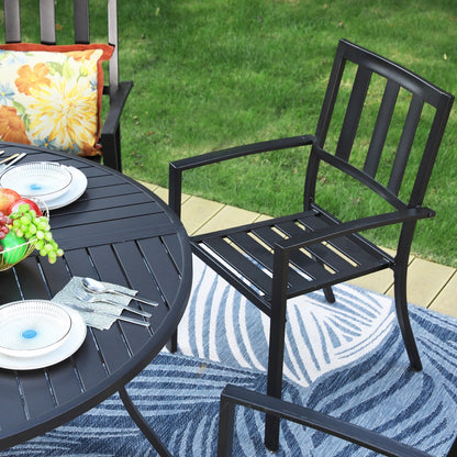 MAISON ARTS Set da pranzo per esterni da 7 pezzi per 6 persone, grande tavolo da pranzo rotondo con foro per ombrellone e sedie in metallo impilabili