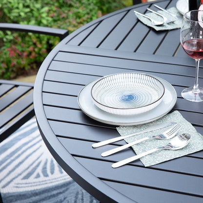 MAISON ARTS Set da pranzo per esterni da 7 pezzi per 6 persone, grande tavolo da pranzo rotondo con foro per ombrellone e sedie in metallo impilabili