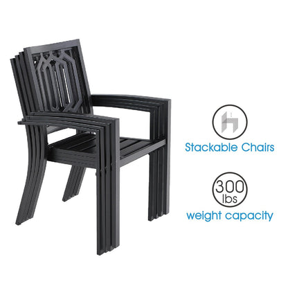 MAISON ARTS Set da pranzo per esterni da 7 pezzi per 6 persone, grande tavolo da pranzo rotondo con foro per ombrellone e sedie in metallo impilabili