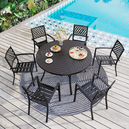 MAISON ARTS Set da pranzo per esterni da 7 pezzi per 6 persone, grande tavolo da pranzo rotondo con foro per ombrellone e sedie in metallo impilabili