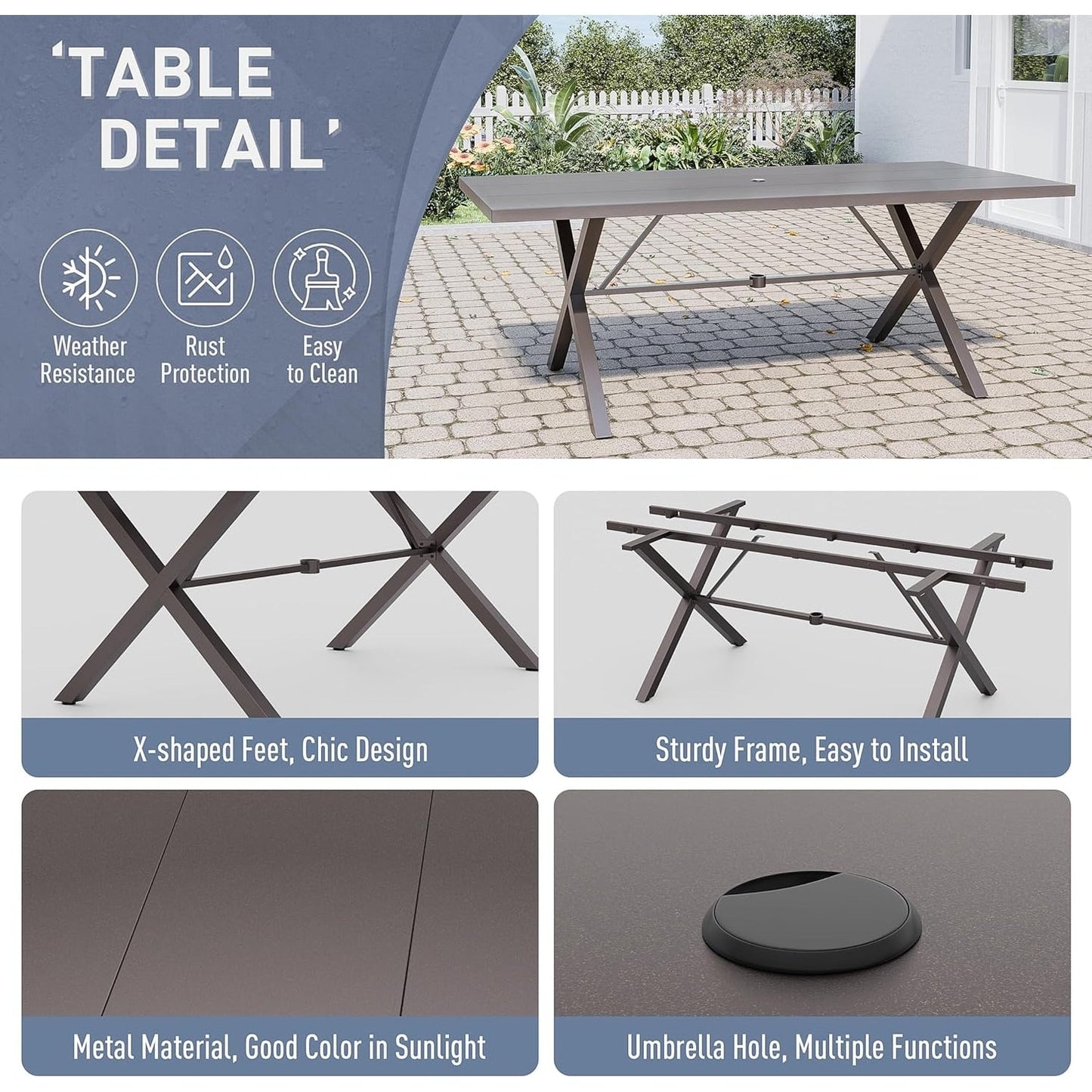 Set da pranzo per esterni da 7 pezzi con tavolo con gambe a X e sedie girevoli