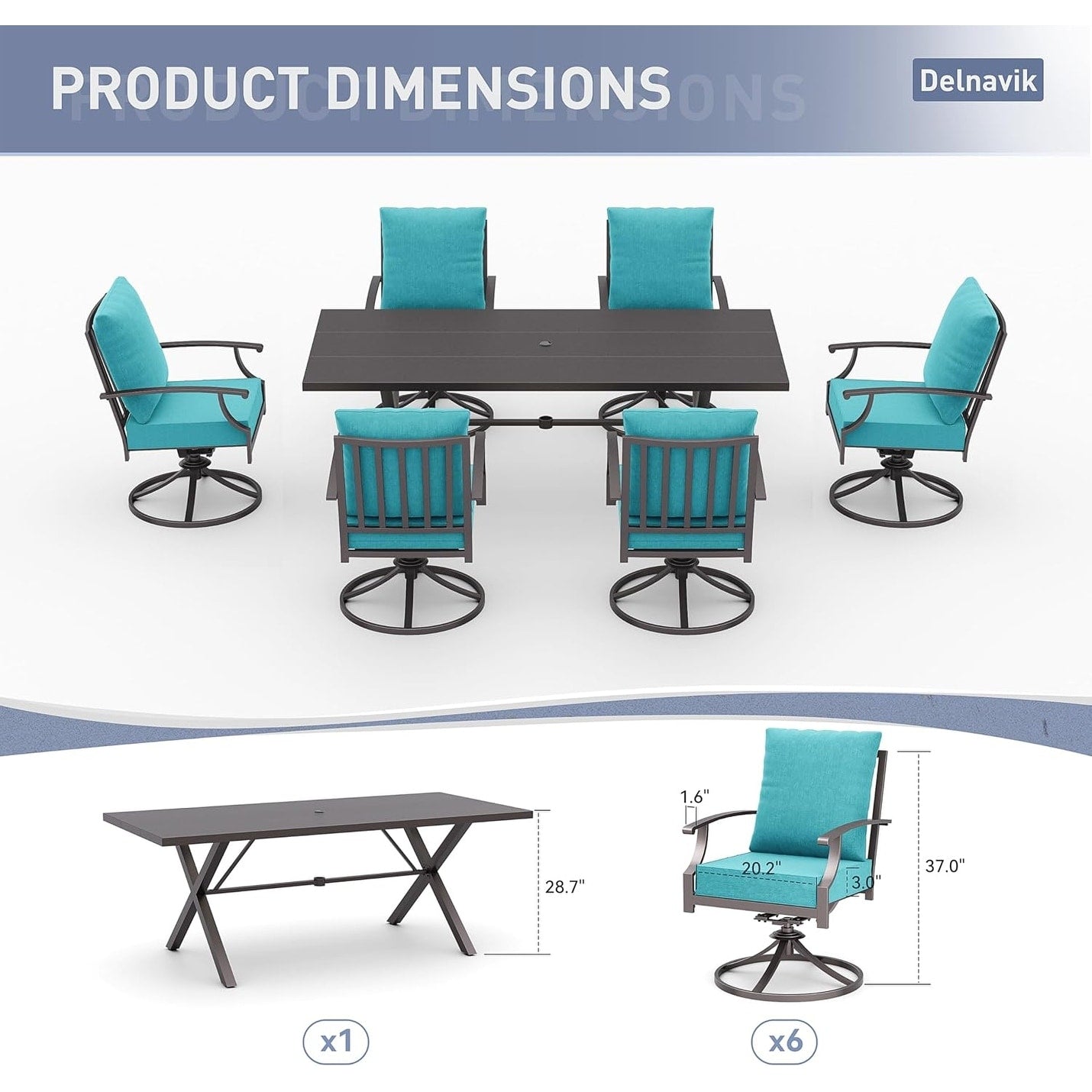 Set da pranzo per esterni da 7 pezzi con tavolo con gambe a X e sedie girevoli