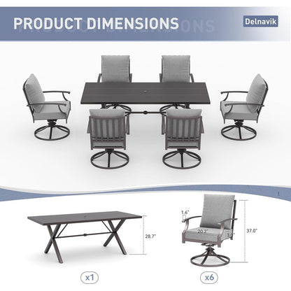 Set da pranzo per esterni da 7 pezzi con tavolo con gambe a X e sedie girevoli