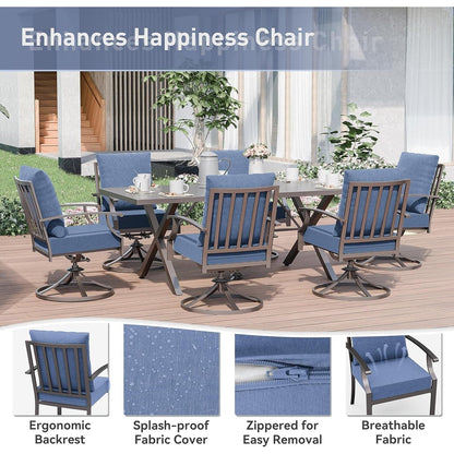 Set da pranzo per esterni da 7 pezzi con tavolo con gambe a X e sedie girevoli