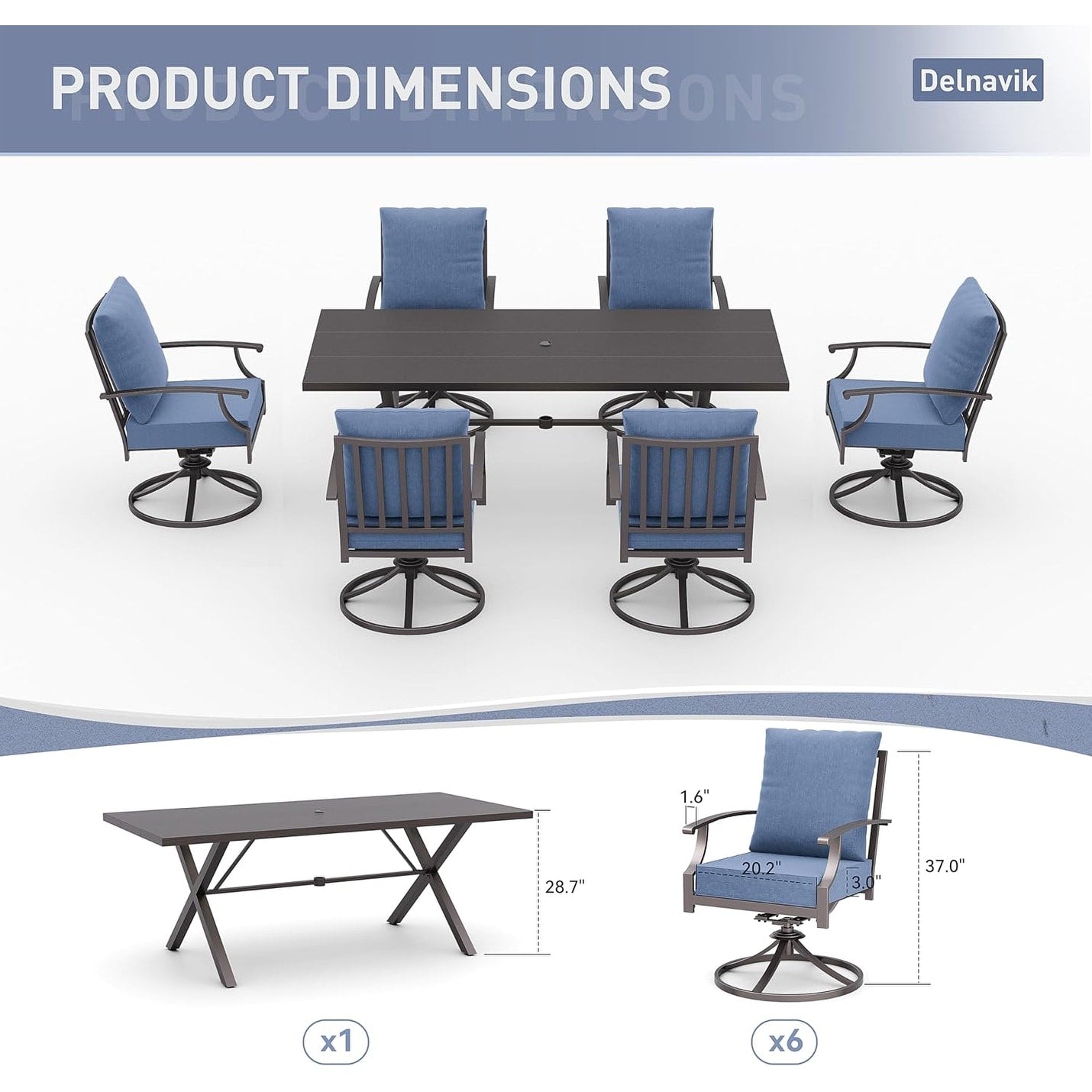 Set da pranzo per esterni da 7 pezzi con tavolo con gambe a X e sedie girevoli