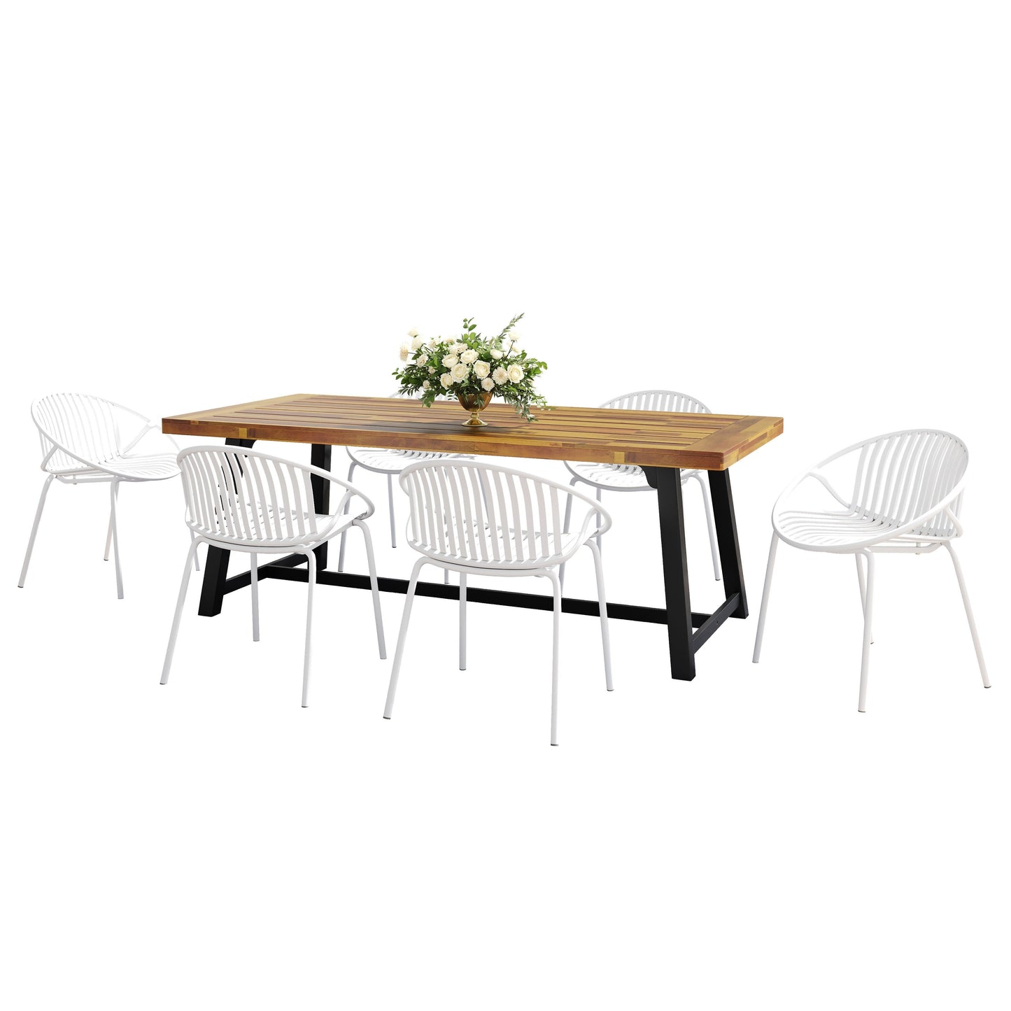 Set da pranzo moderno da esterno da 7 pezzi con sedia impilabile, bianco