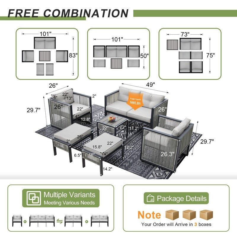 FINCATI Set di mobili da esterno da 7 pezzi con divano componibile moderno in vimini di grandi dimensioni