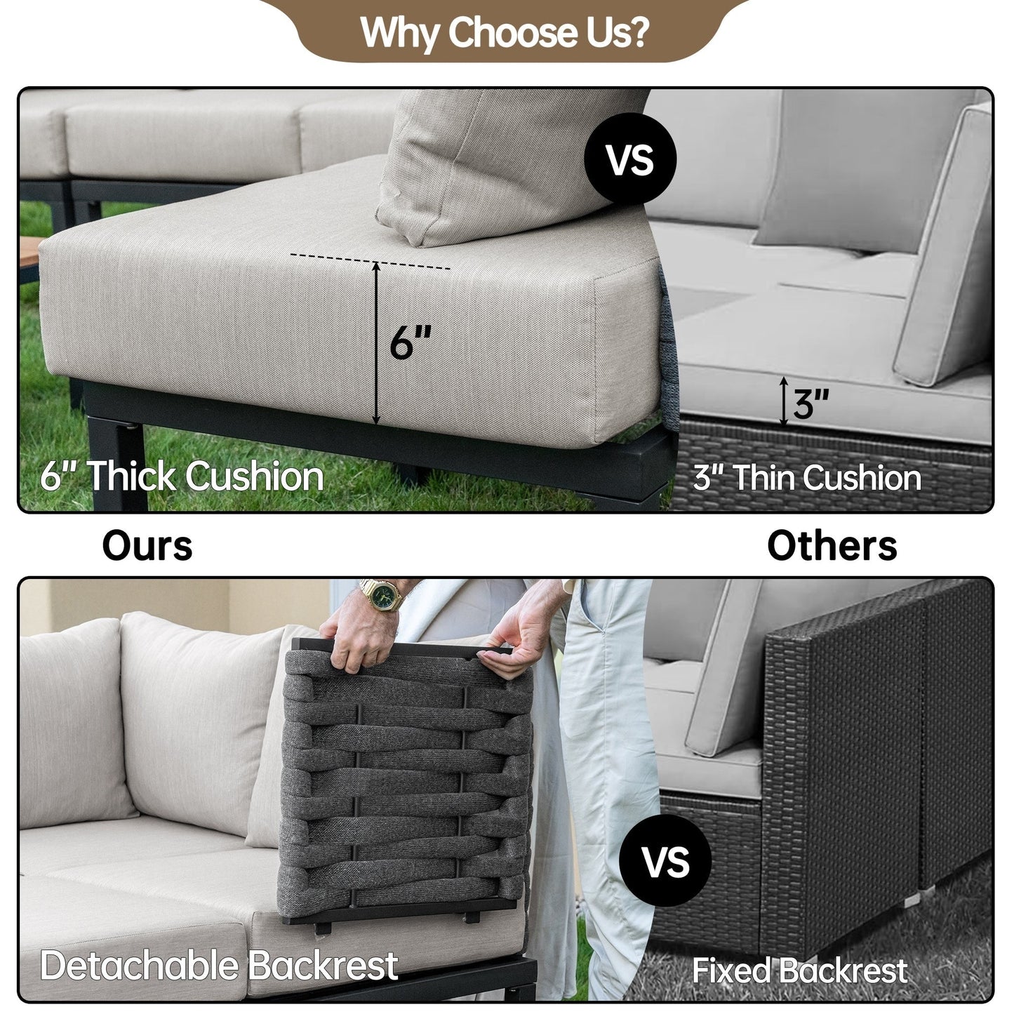 Set di mobili da giardino per esterni, divano componibile a L con 6 cuscini spessi e tavolino per giardino e veranda