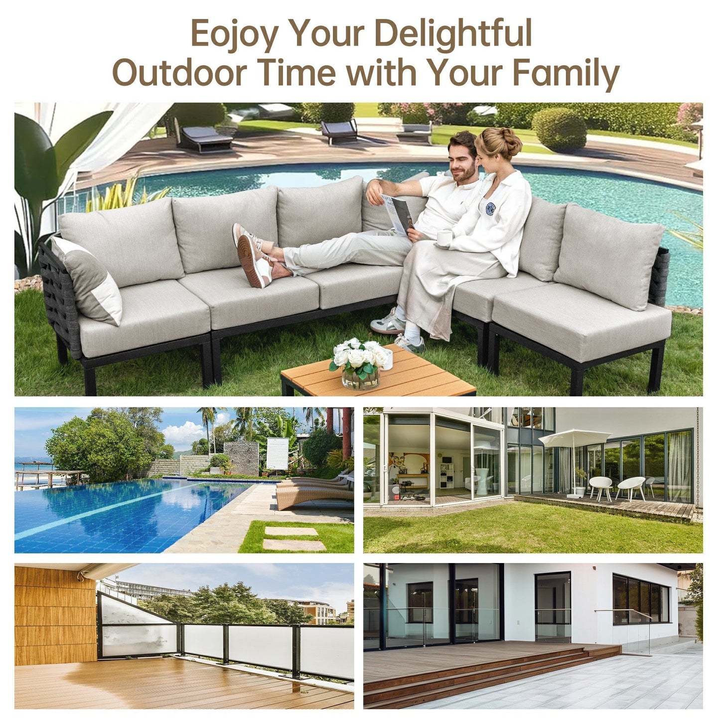 Set di mobili da giardino per esterni, divano componibile a L con 6 cuscini spessi e tavolino per giardino e veranda