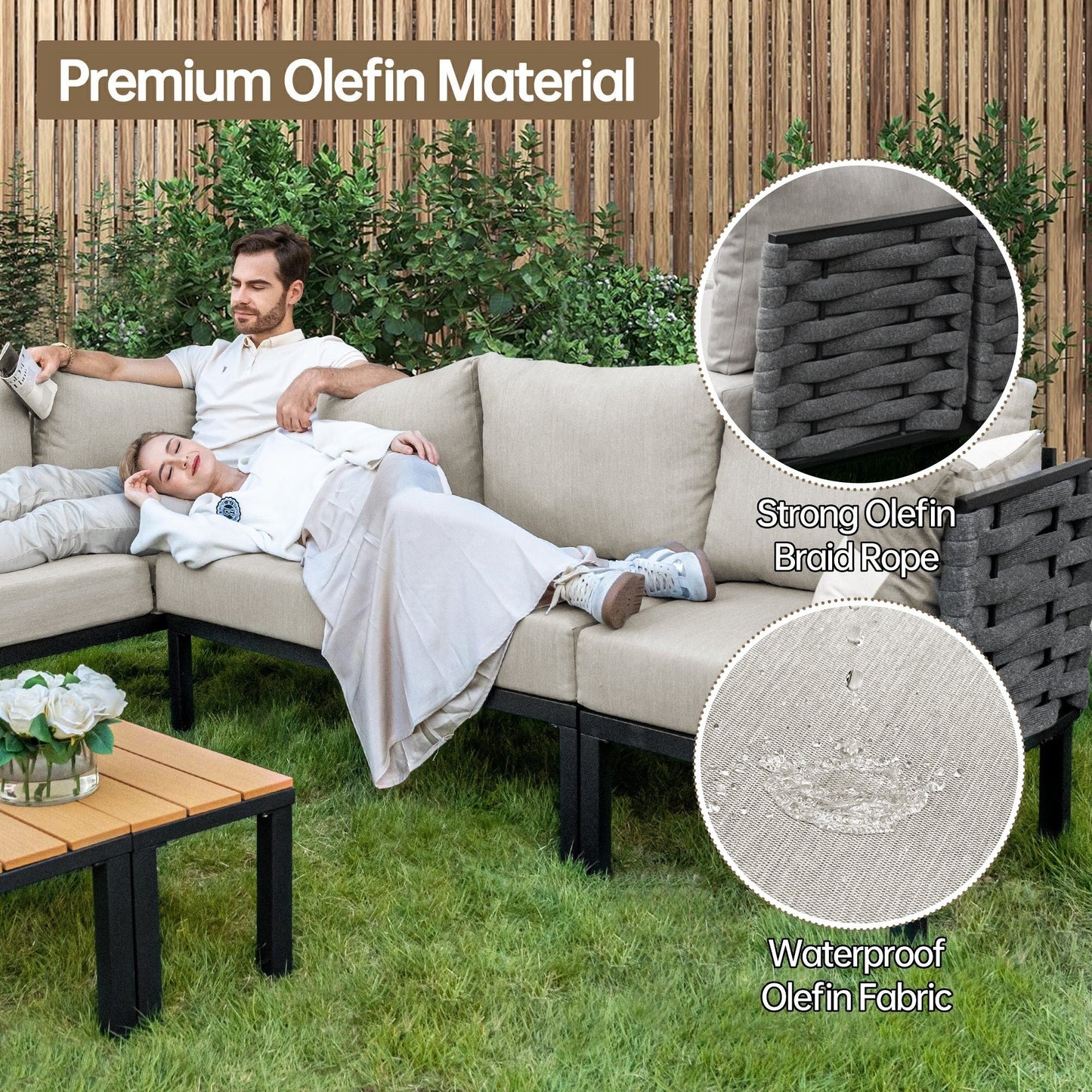 Set di mobili da giardino per esterni, divano componibile a L con 6 cuscini spessi e tavolino per giardino e veranda