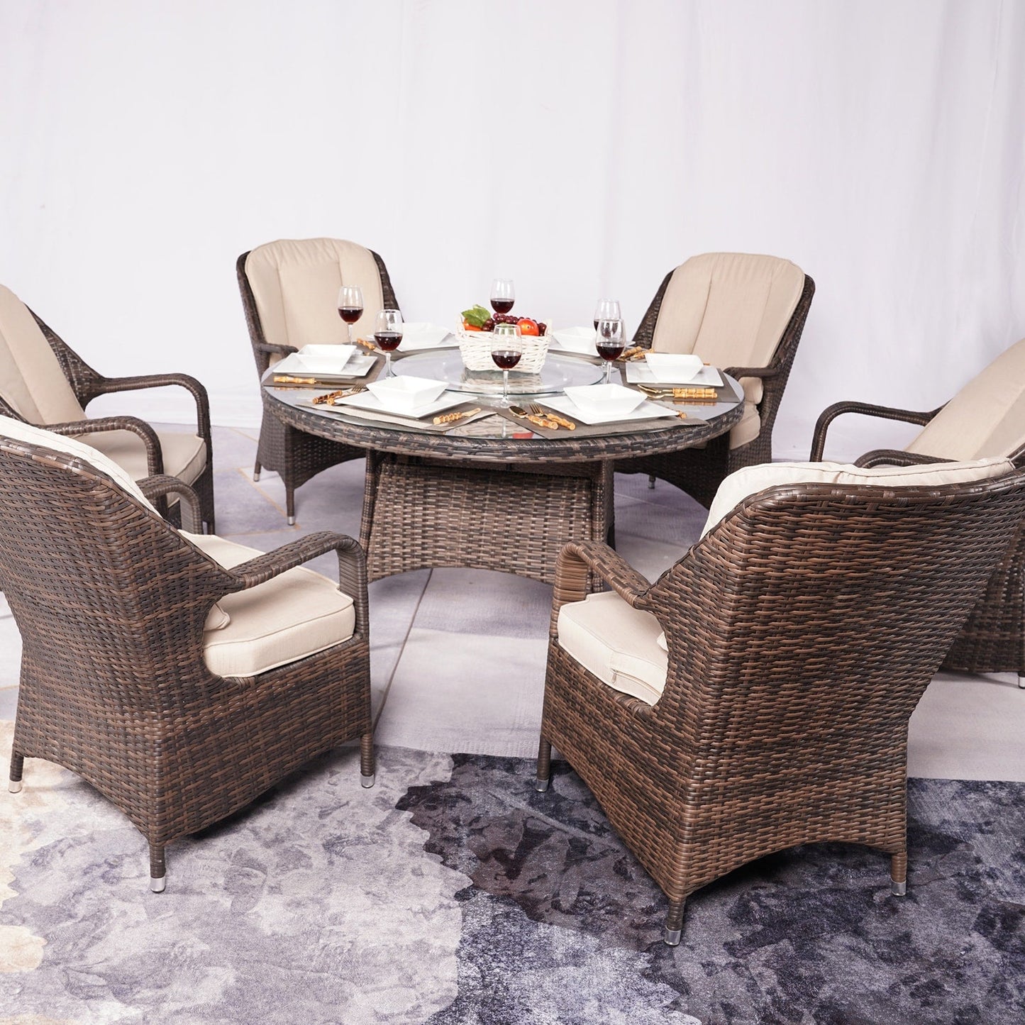 Set da pranzo rotondo da esterno in rattan e vimini, 7 pezzi, con cuscini, di Moda Furnishings